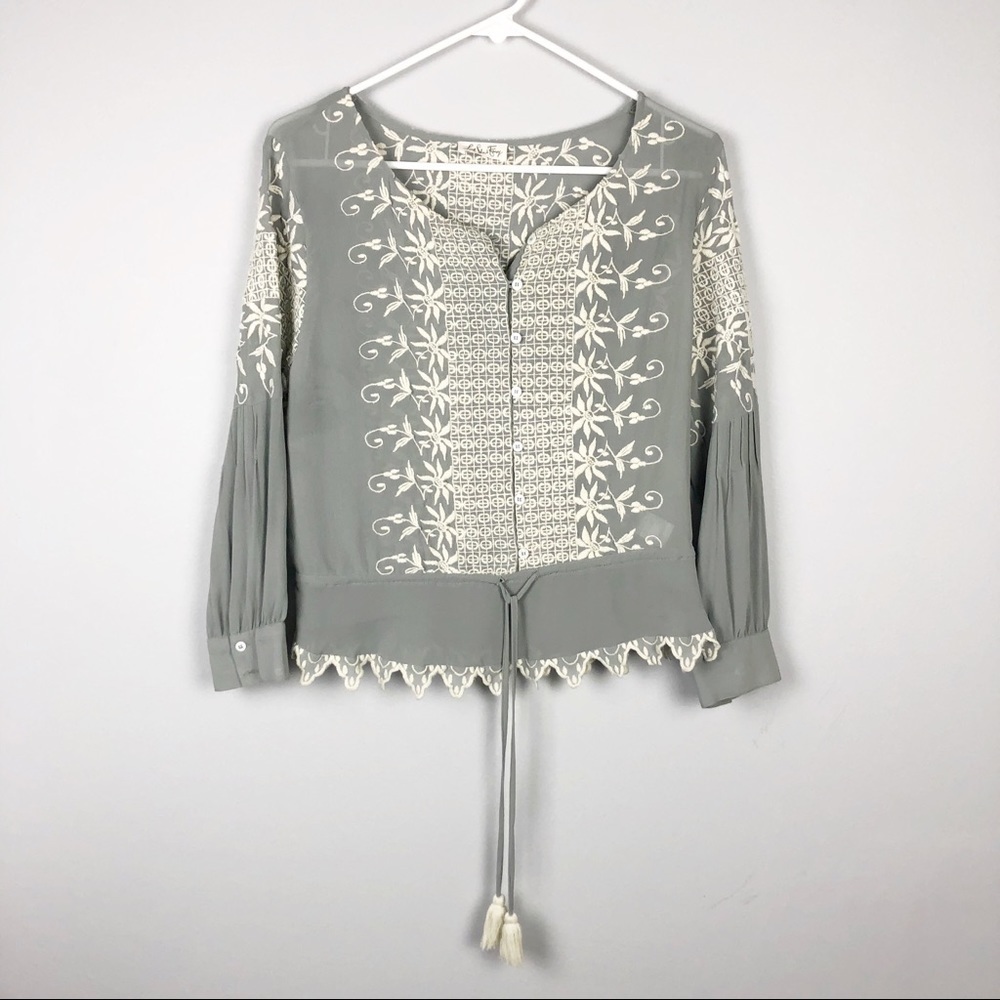 LoveShackFancy Embroidered Silk Georgette Long Sleeve Prairie Top Green Casual - Picture 3 of 11